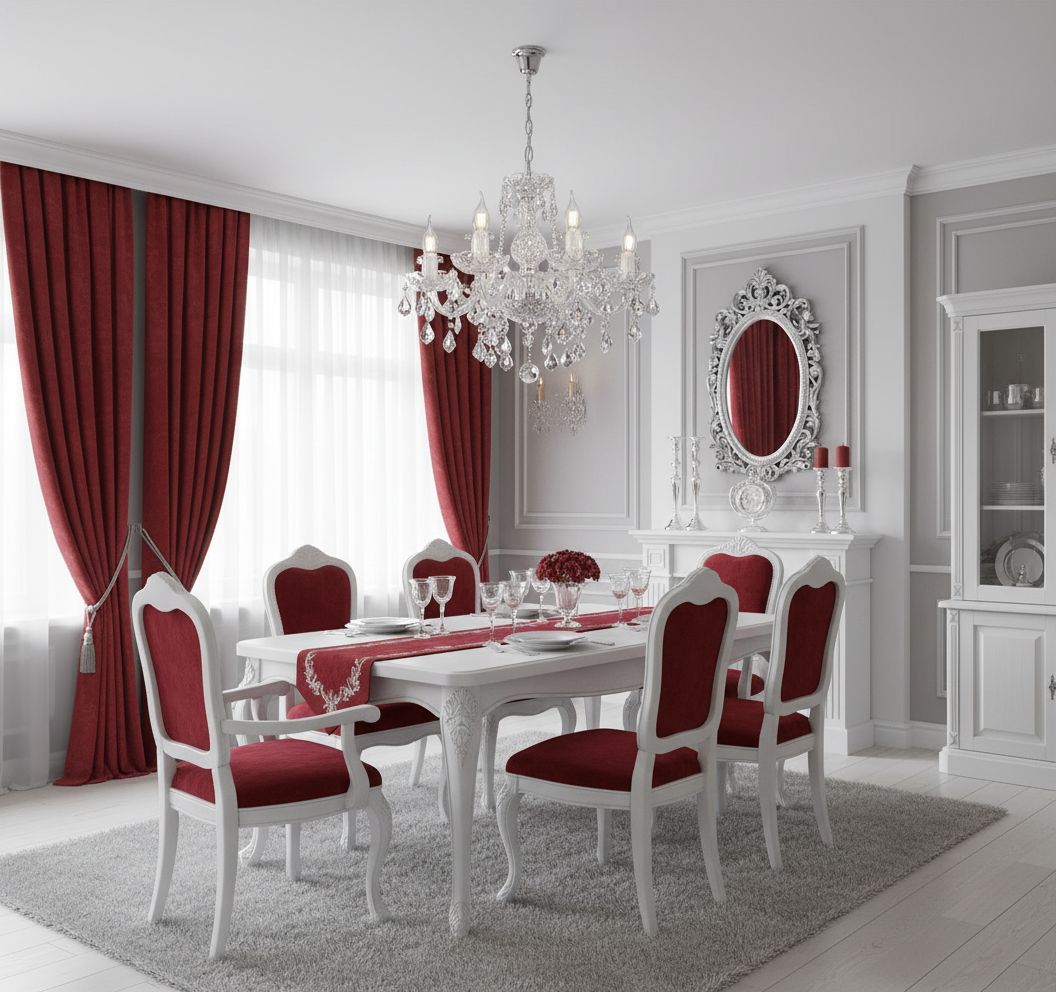 Lustre en cristal suspendu au-dessus d'une table de salle à manger blanche aux chaises capitonnées rouges