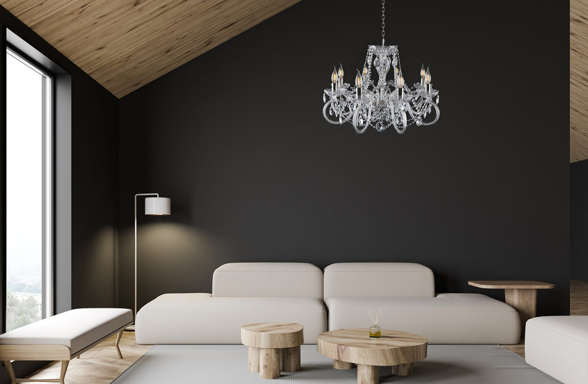 Mise en ambiance d'un salon sombre avec le lustre suspendu au plafond