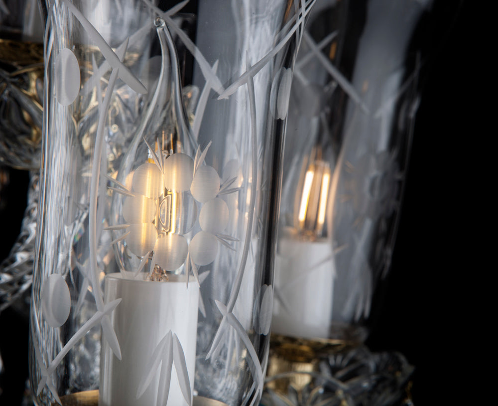 Gros plan sur l'ampoule allumée derrière le verre dépoli à motif floral