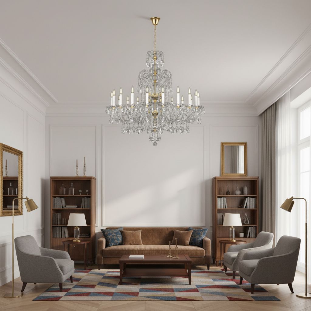 Lustre en cristal dans un salon classique, bibliothèques en bois et canapé marron
