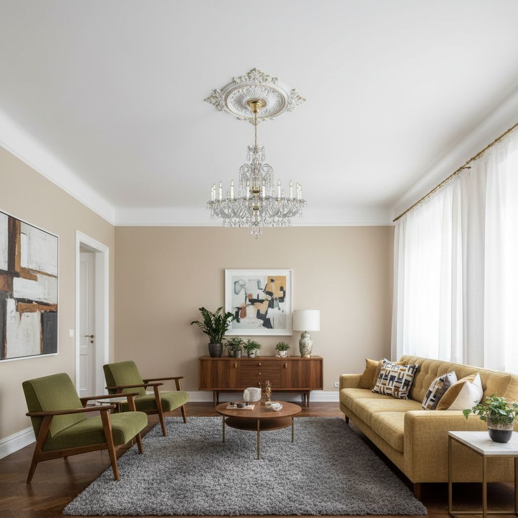 Mise en ambiance du lustre suspendu dans un salon beige, fauteuils verts et tapis gris