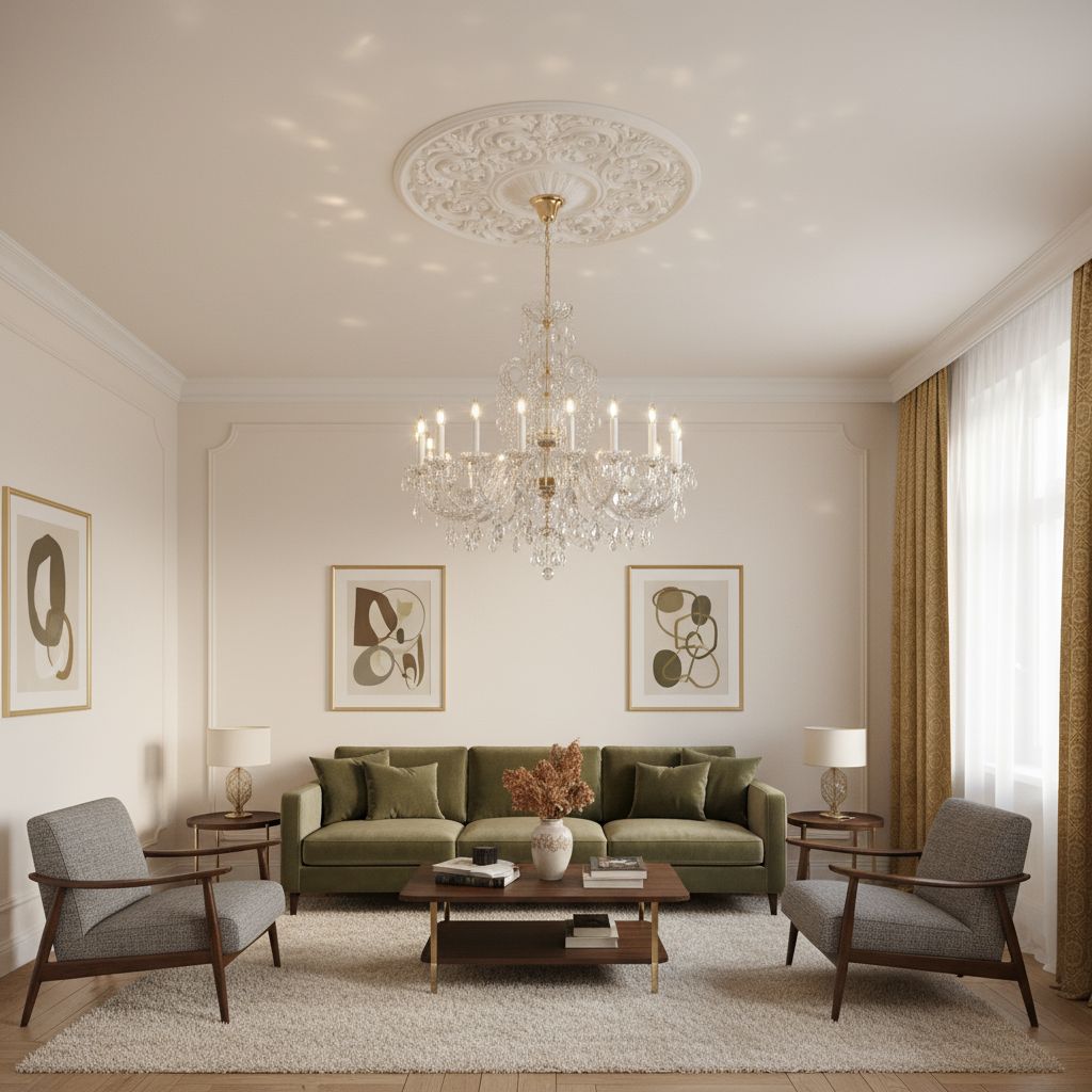 Lustre allumé sous une rosace de plafond moulurée, canapé vert dans un salon crème
