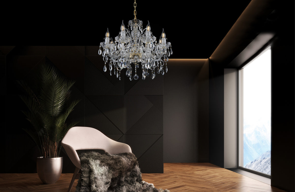 Mise en ambiance sombre, fauteuil et plante, lustre allumé au plafond