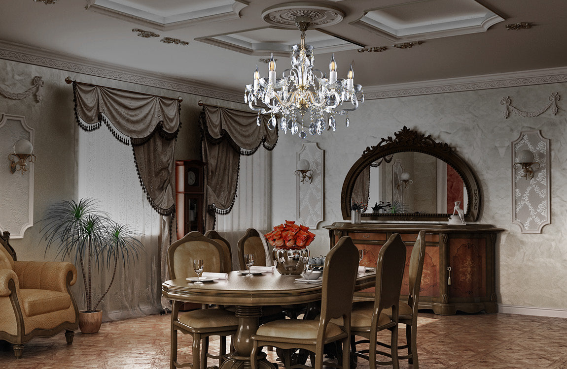 Mise en ambiance dans une salle à manger classique, lustre suspendu au plafond mouluré