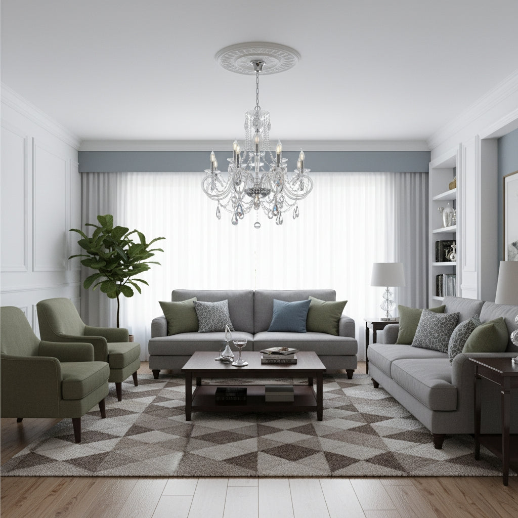 Mise en situation du lustre au-dessus d'un salon gris, rosace de plafond