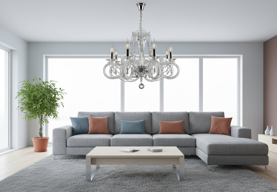 Lustre allumé au plafond d'un séjour contemporain avec canapé d'angle gris