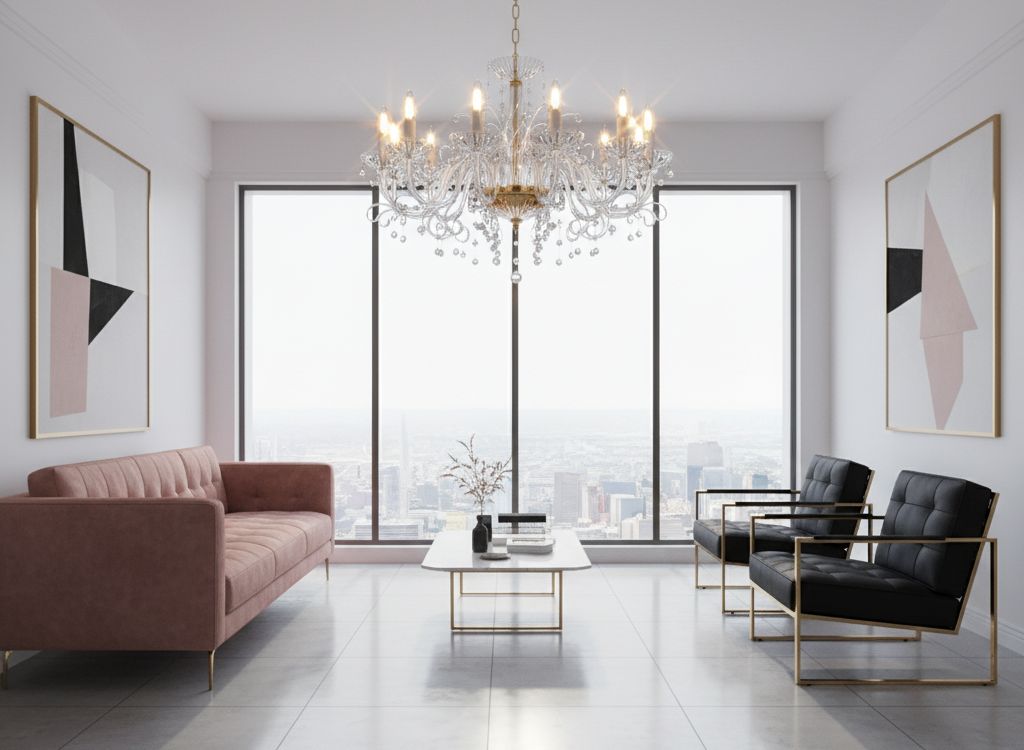 Luminaire suspendu au-dessus d'un séjour avec vue urbaine, canapé rose et fauteuils noirs
