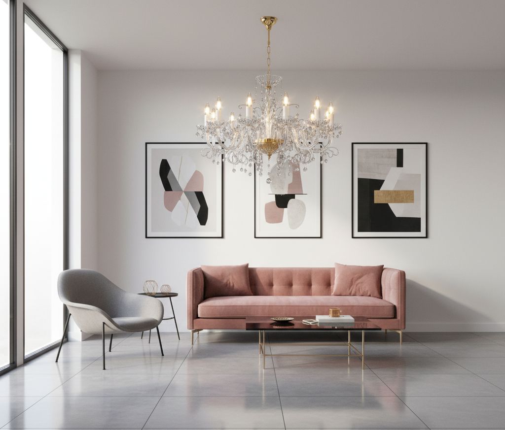 Mise en ambiance dans un salon moderne au canapé rose poudré et larges fenêtres