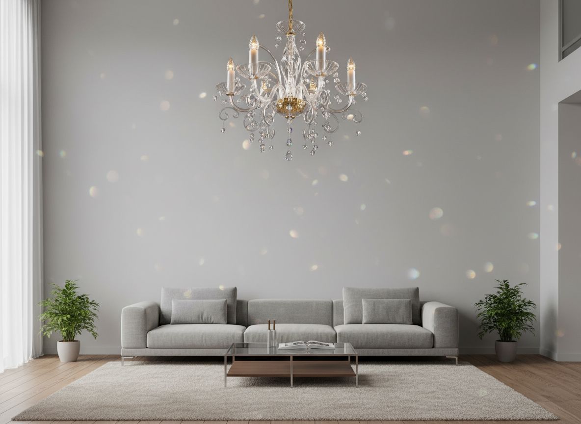 Lustre en cristal illuminé dans un salon gris, canapé, table basse et reflets lumineux