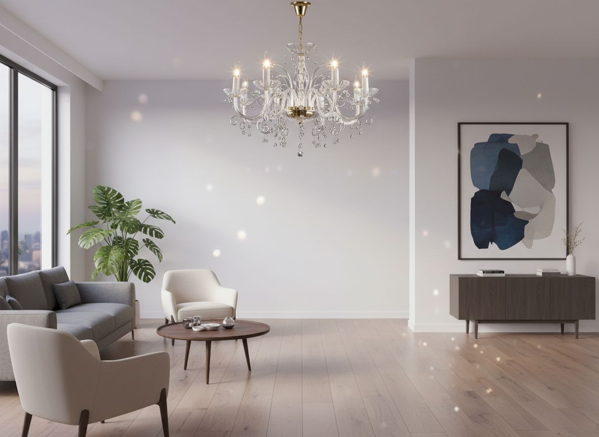 Mise en ambiance d'un salon clair et moderne, lustre allumé au plafond