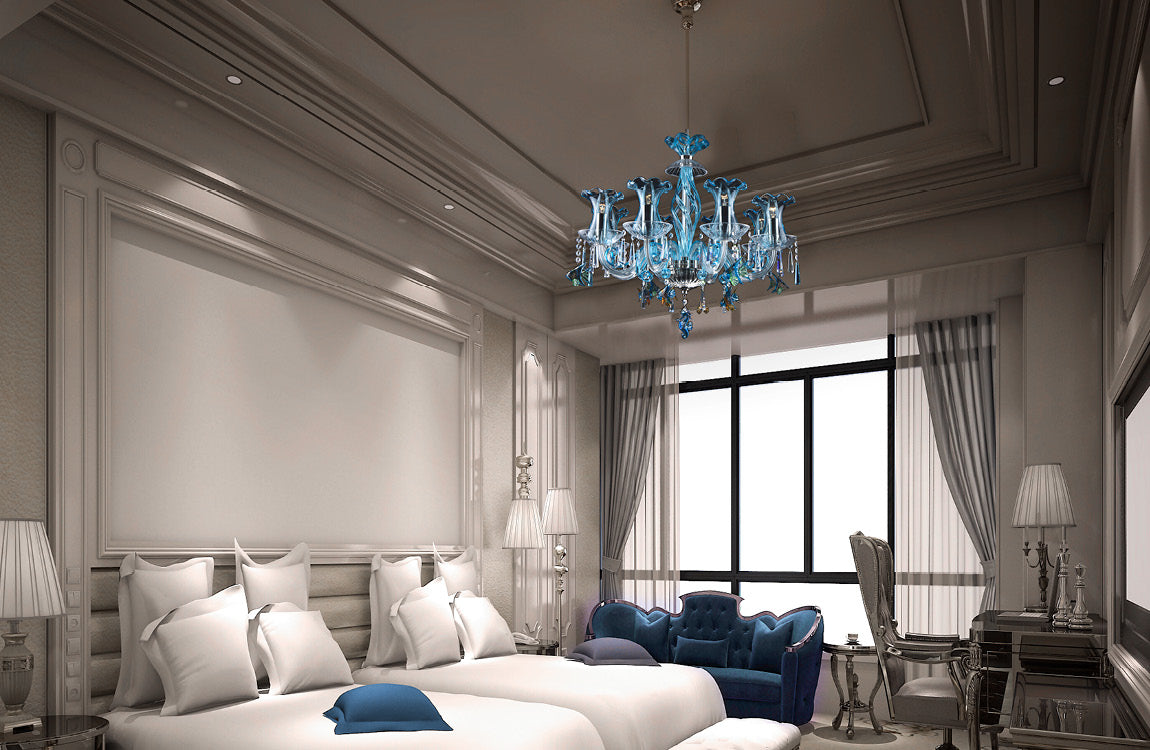 Mise en ambiance du lustre suspendu dans une chambre à coucher simulée