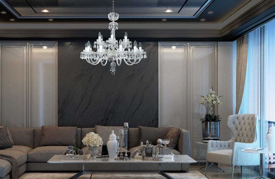 Lustre suspendu dans un salon contemporain, au-dessus d'un canapé gris