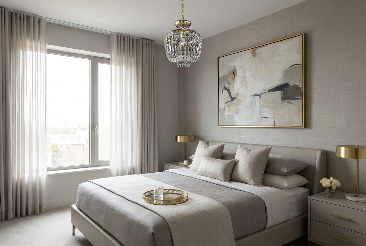 Mise en ambiance chambre grise, lustre suspendu au-dessus du lit, lumière chaude