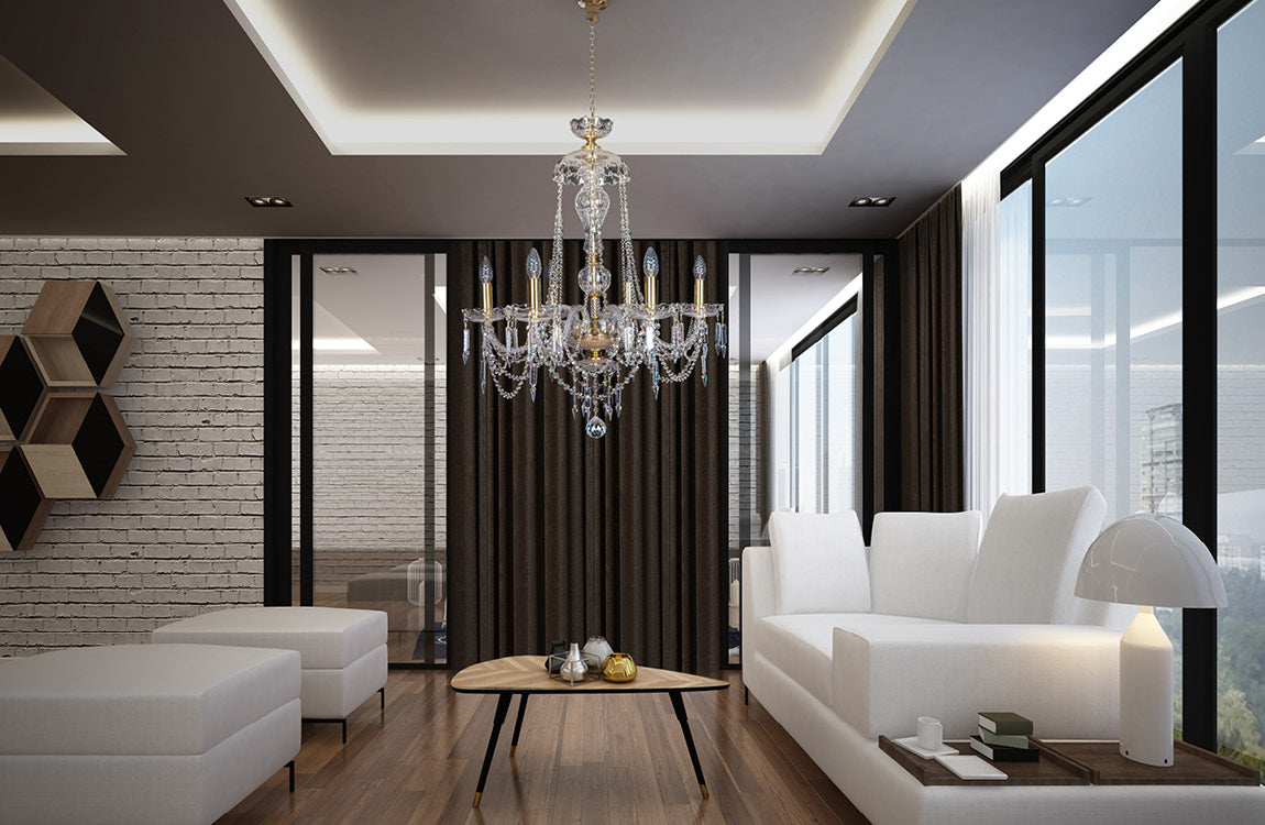 Mise en ambiance du lustre dans un salon moderne, canapé blanc et grandes fenêtres