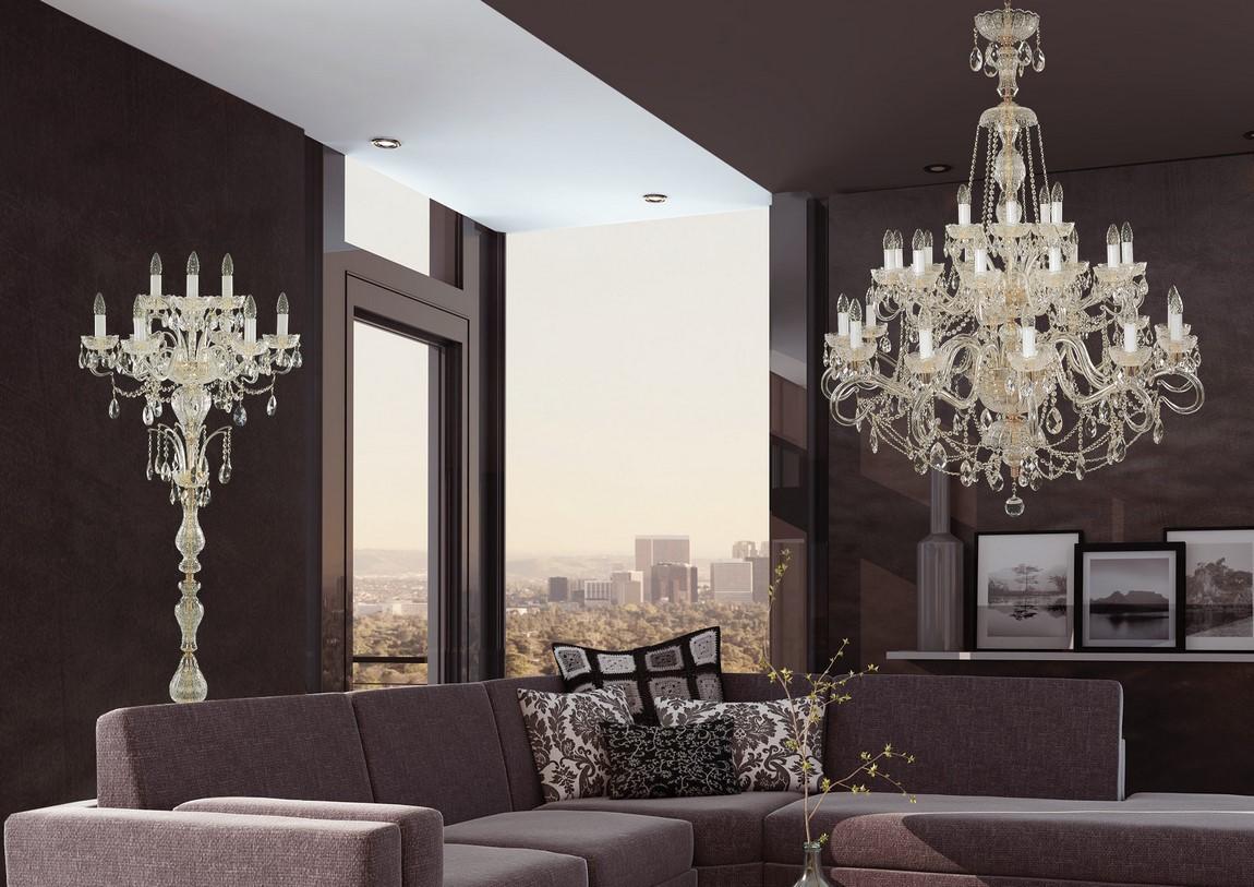 Mise en ambiance d'un salon moderne avec lustre suspendu et grande baie vitrée