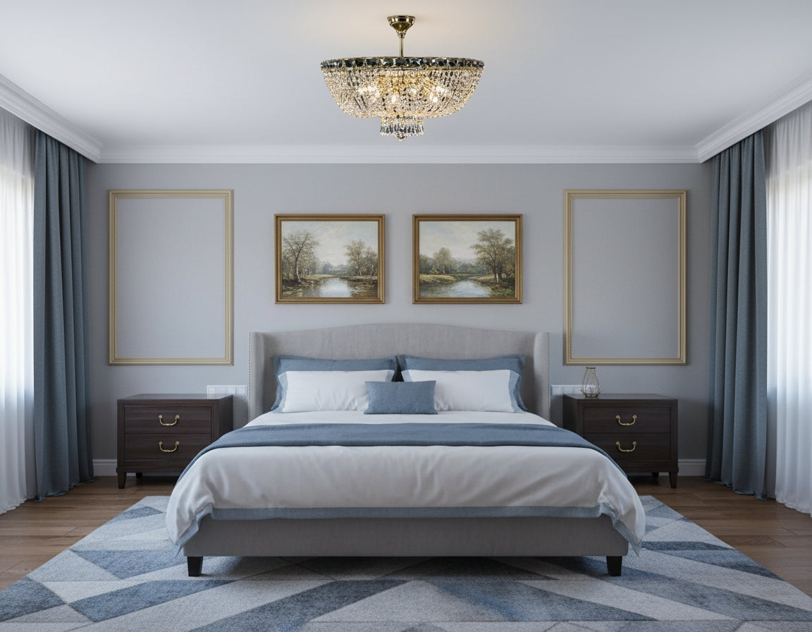 Plafonnier corbeille doré installé au plafond d'une chambre grise et bleue.