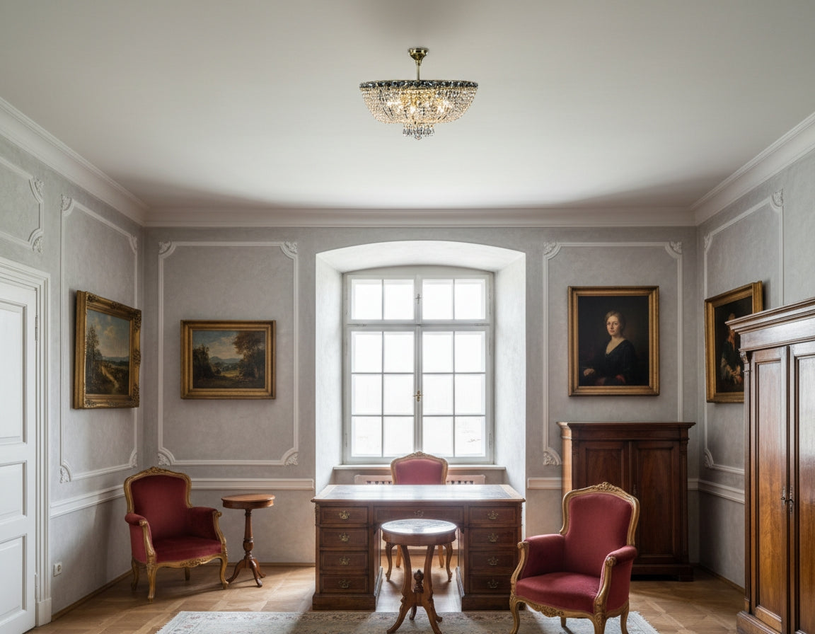 Le plafonnier corbeille doré éclaire un bureau classique aux murs gris.