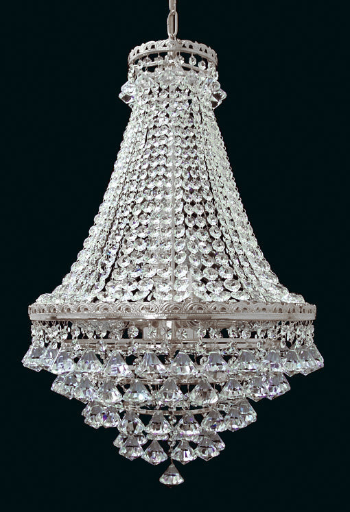 Même lustre à monture argentée, vue frontale complète sur fond noir