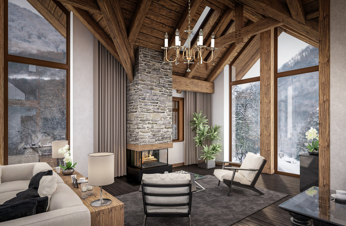 Mise en ambiance du lustre suspendu dans un salon chalet en bois avec cheminée en pierre