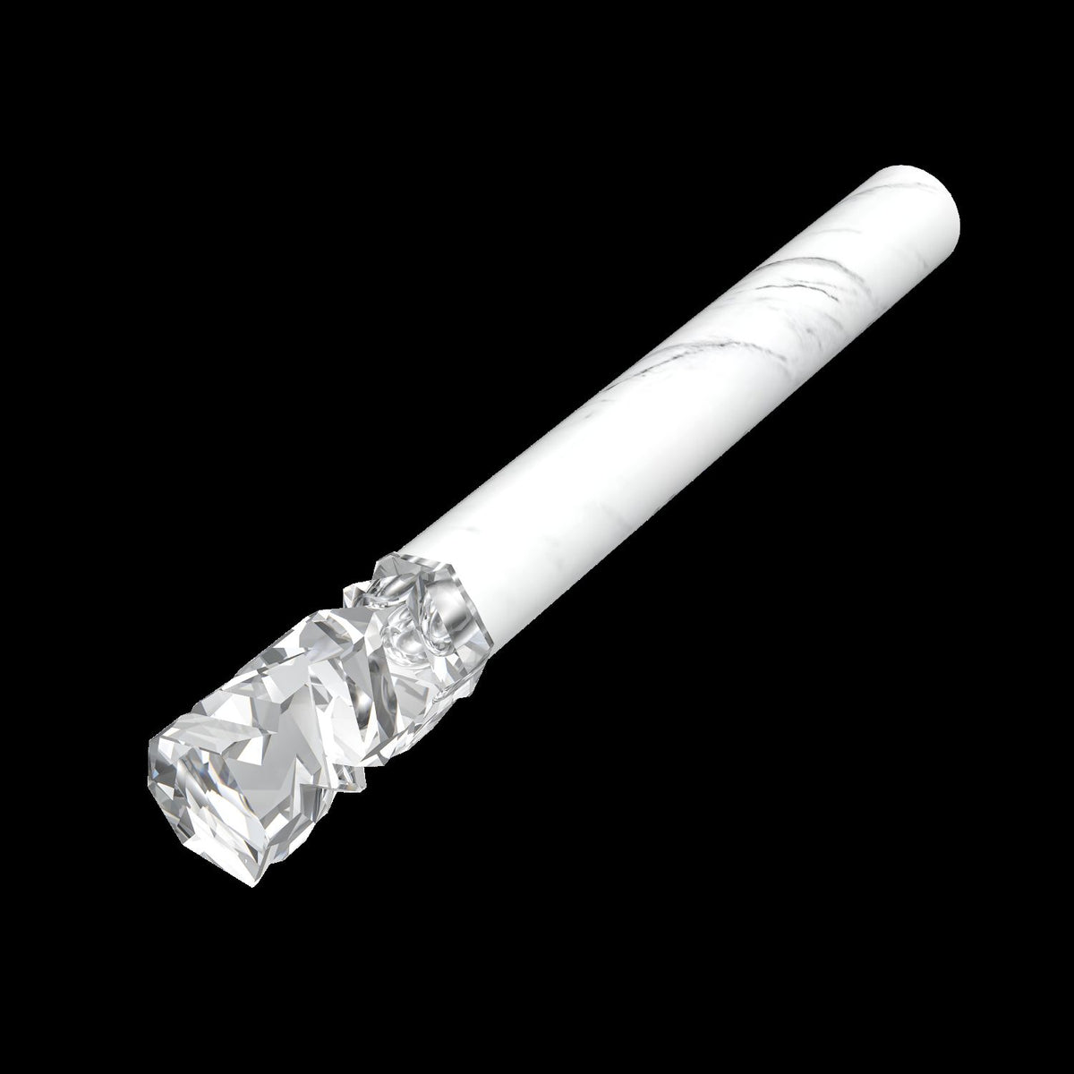 Gros plan sur le tube blanc marbré et son embout cristal facetté