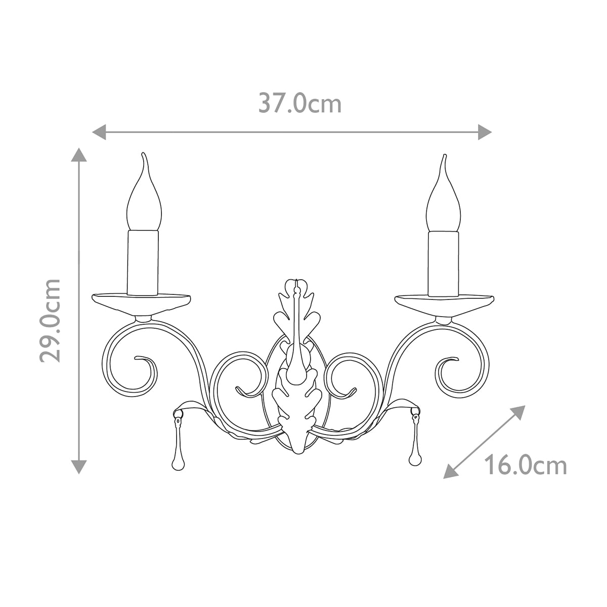 Schéma de dimensions de l'applique avec largeur 37 cm, hauteur 29 cm et profondeur 16 cm.