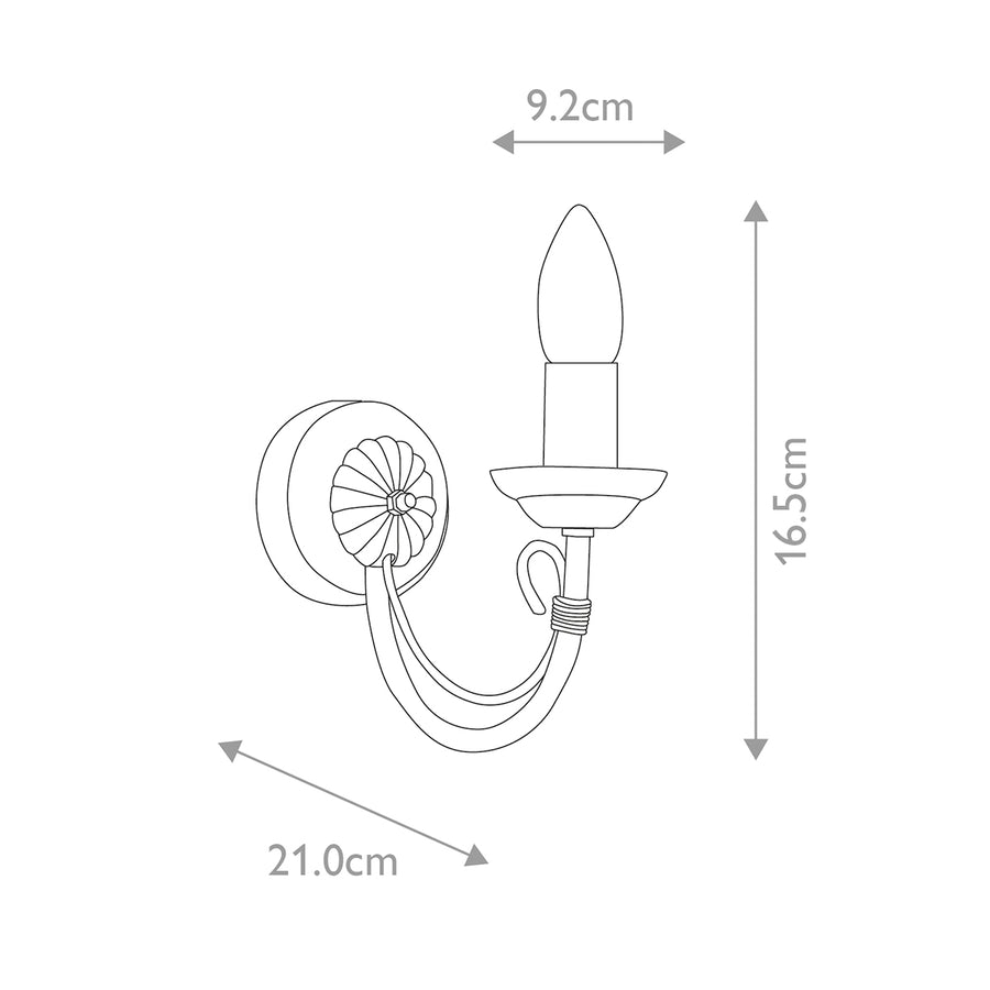 Schéma technique coté montrant 9,2 cm, 16,5 cm et 21 cm de profondeur