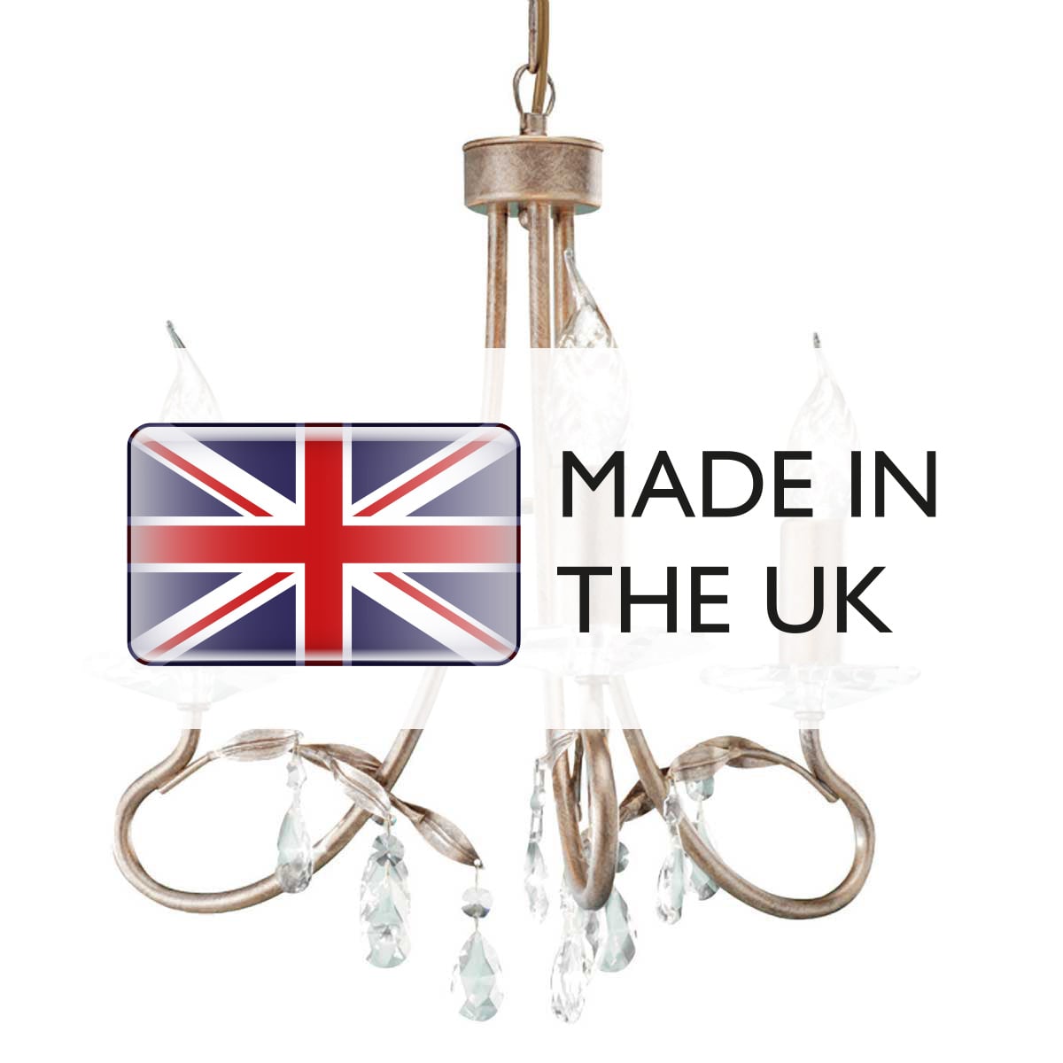Même lustre avec drapeau du Royaume-Uni et texte Made in the UK incrustés.