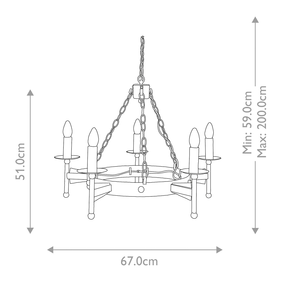 Schéma technique avec dimensions du lustre, hauteur 51 cm et largeur 67 cm.