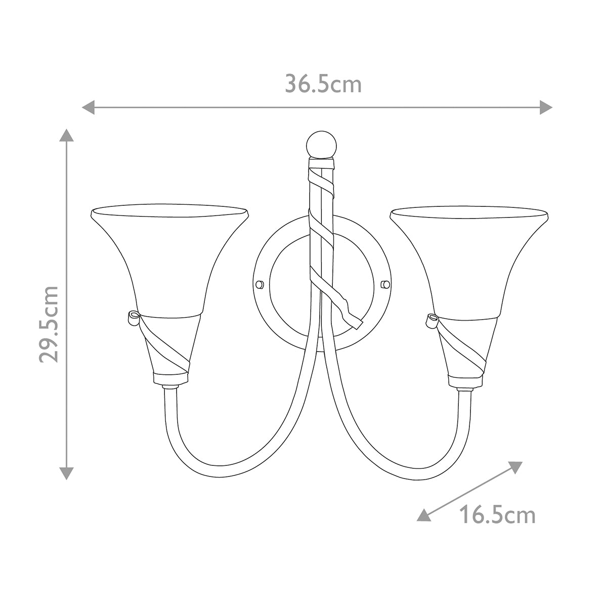 Schéma coté : 36,5 cm de large, 29,5 cm de haut, 16,5 cm de profondeur.