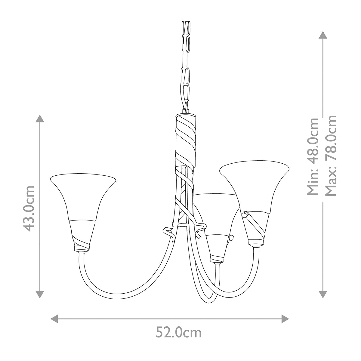 Schéma technique coté du lustre indiquant hauteur réglable et largeur totale en centimètres