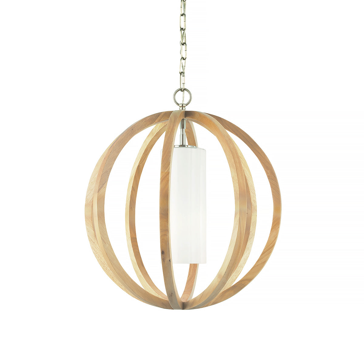 Second angle du luminaire suspendu, cercles de bois naturel et cylindre opalin blanc