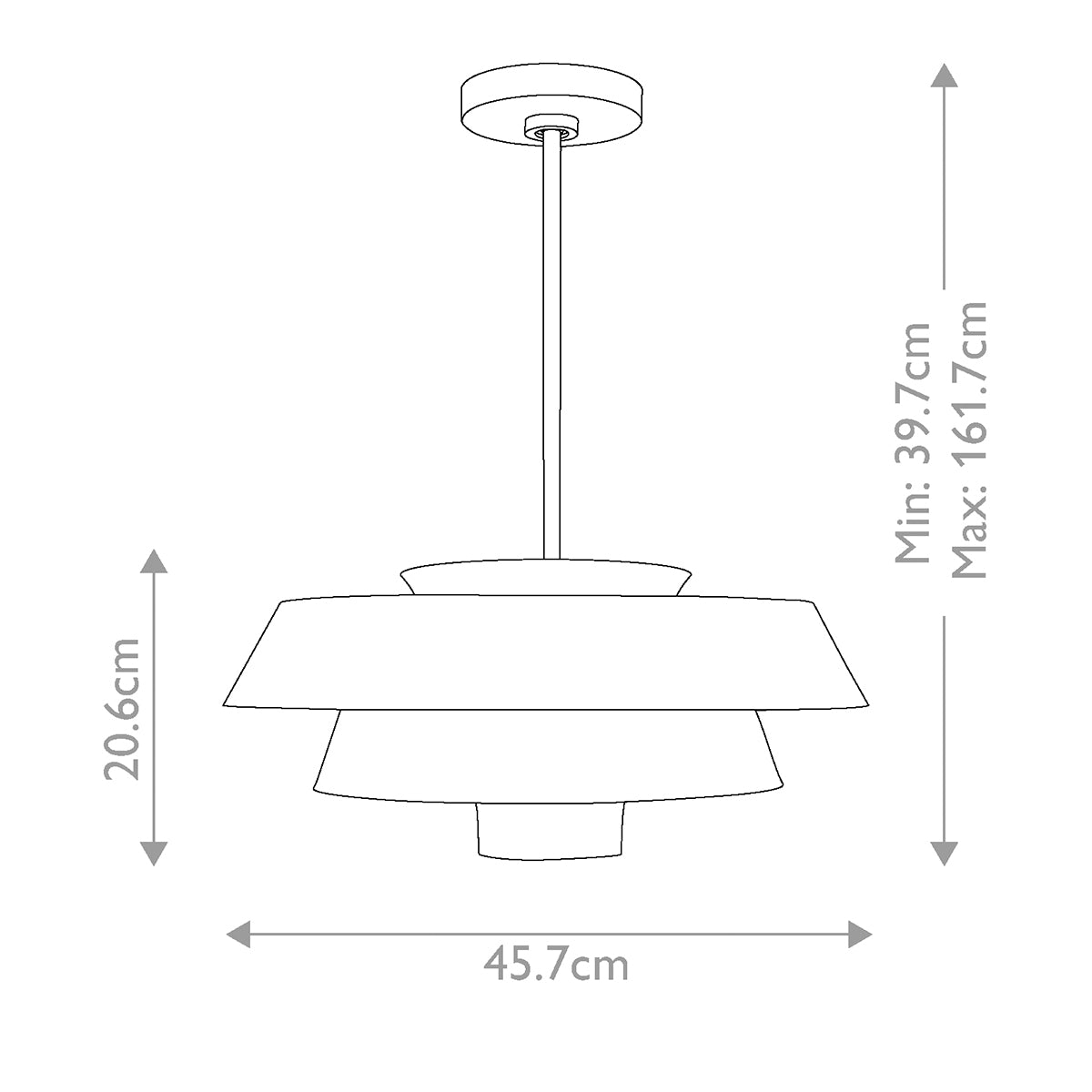 Schéma technique avec dimensions de la suspension, hauteur et diamètre.