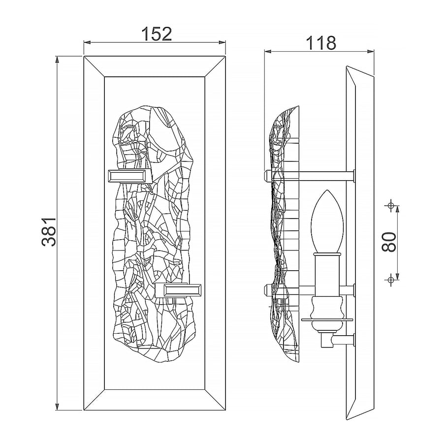 Schéma technique coté de l'applique avec dimensions en millimètres