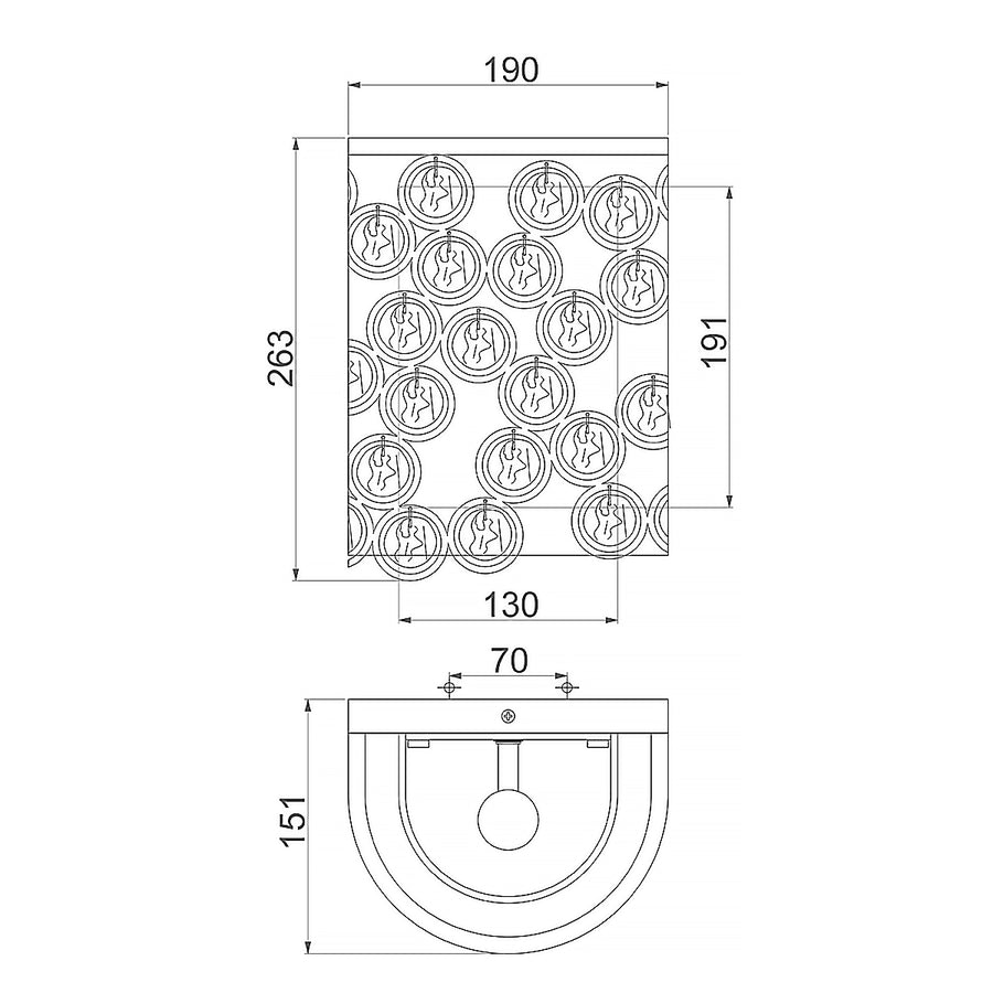 Schéma coté de l'applique avec les dimensions 190, 263, 130 et 151 millimètres