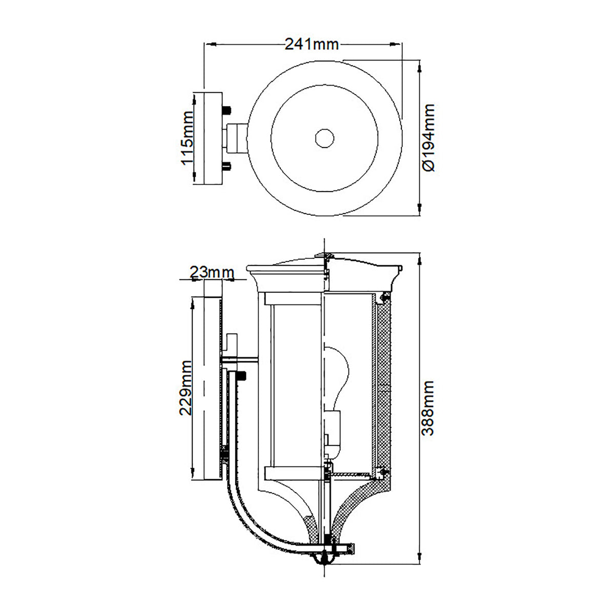 Schéma de dimensions : largeur 241 mm, hauteur 388 mm, diamètre 194 mm