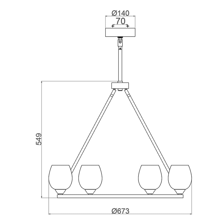 Schéma de dimensions cotées du lustre avec rosace, tige et cercle inférieur