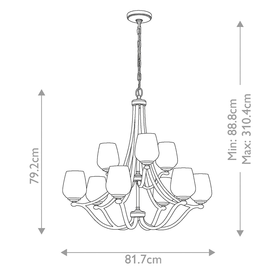 Schéma de dimensions du lustre : hauteur minimale, maximale et diamètre