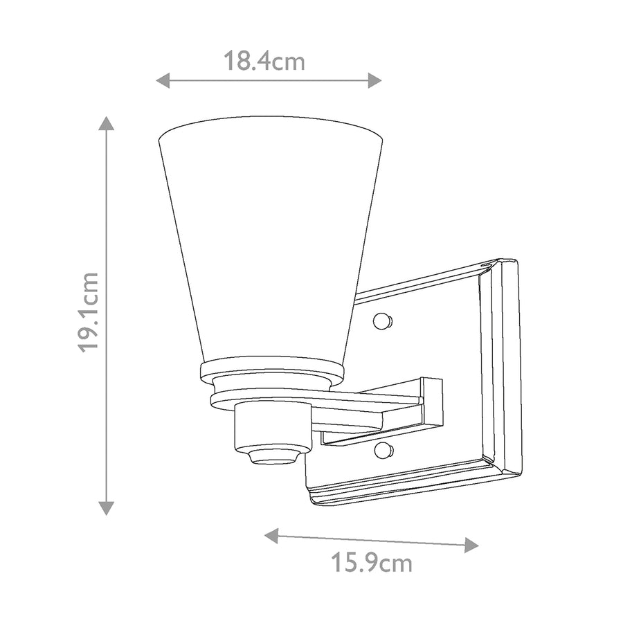 Schéma coté montrant largeur 18.4 cm, hauteur 19.1 cm et profondeur 15.9 cm.