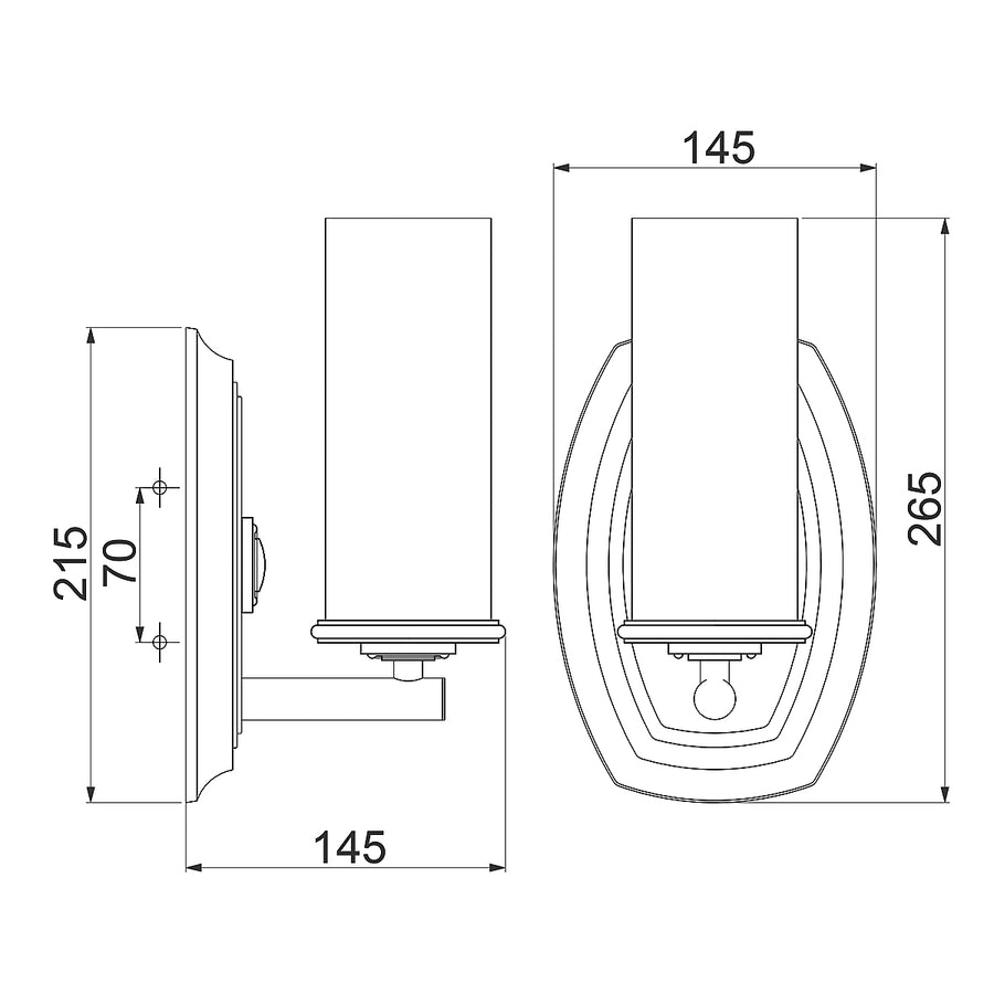 Schéma technique coté de l'applique avec dimensions de profil et de face.