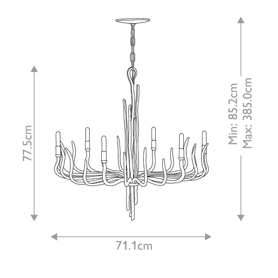 Schéma technique coté indiquant les dimensions du lustre et la hauteur réglable