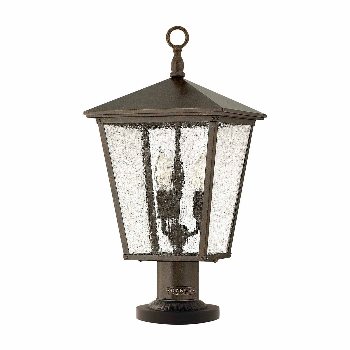 Même luminaire de face, cadre métallique foncé et trois ampoules visibles derrière le verre.