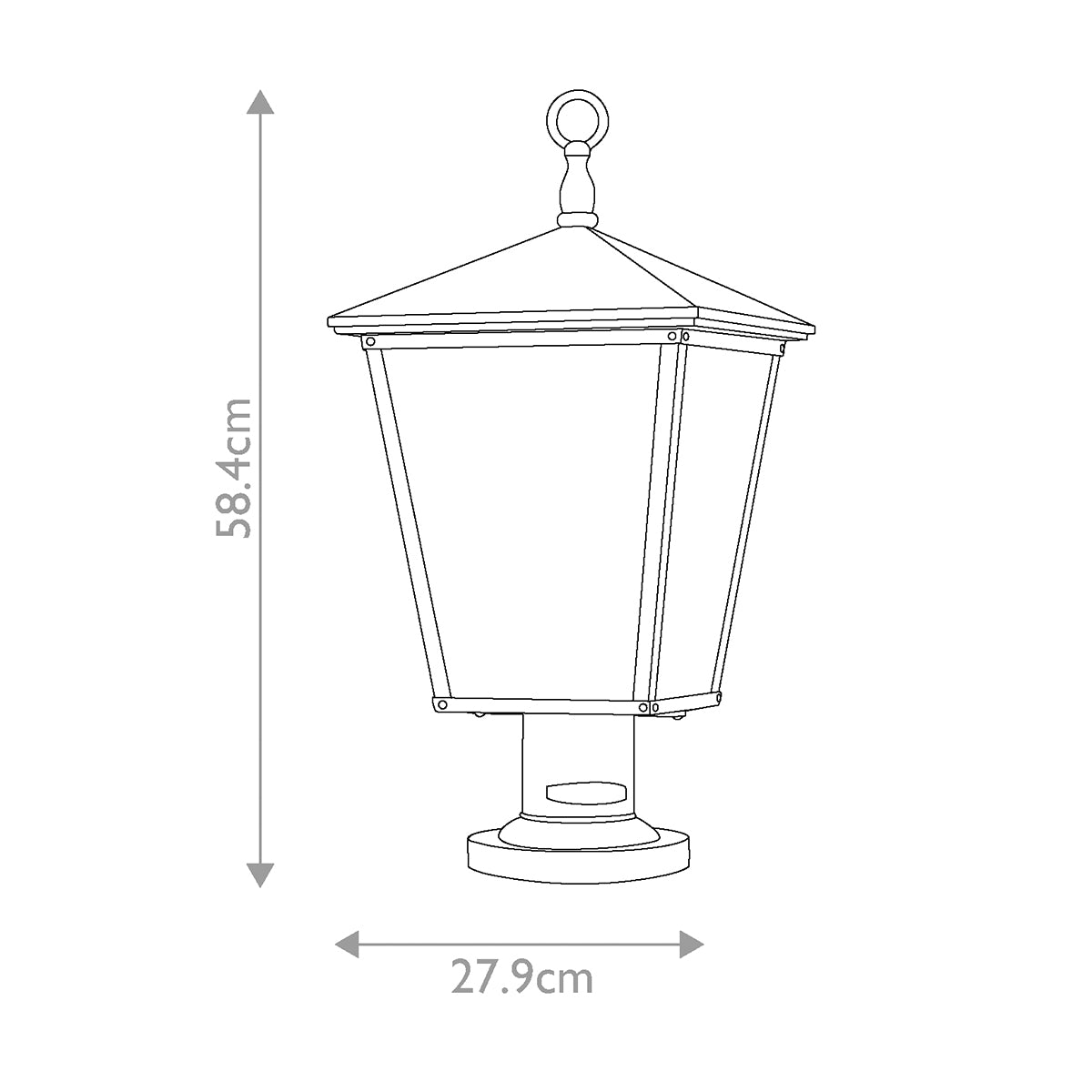 Schéma coté du luminaire : hauteur 58,4 cm et largeur 27,9 cm.