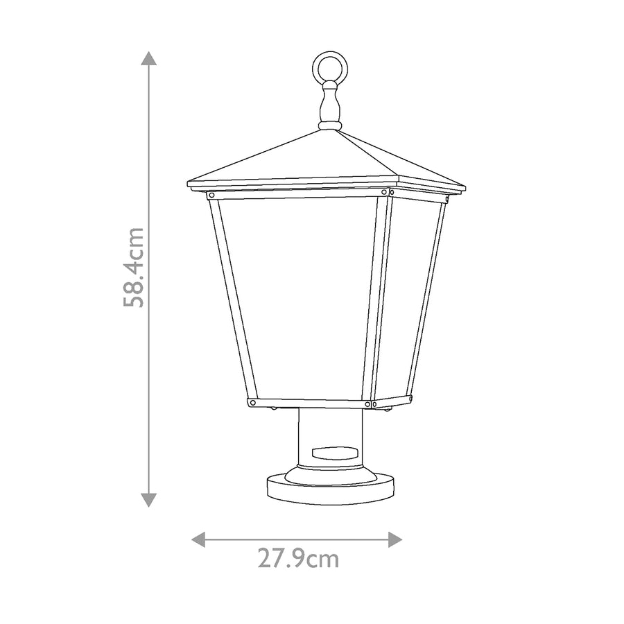 Schéma coté du luminaire : hauteur 58,4 cm et largeur 27,9 cm.