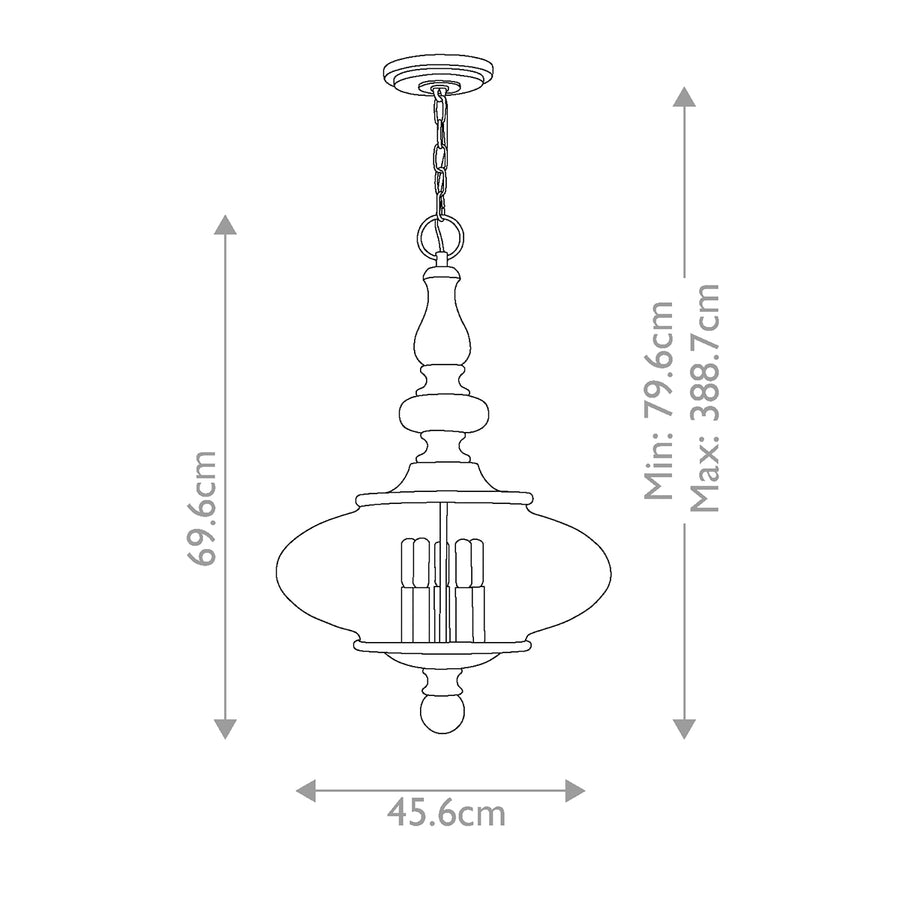 Schéma coté indiquant la hauteur minimale, maximale et le diamètre du luminaire