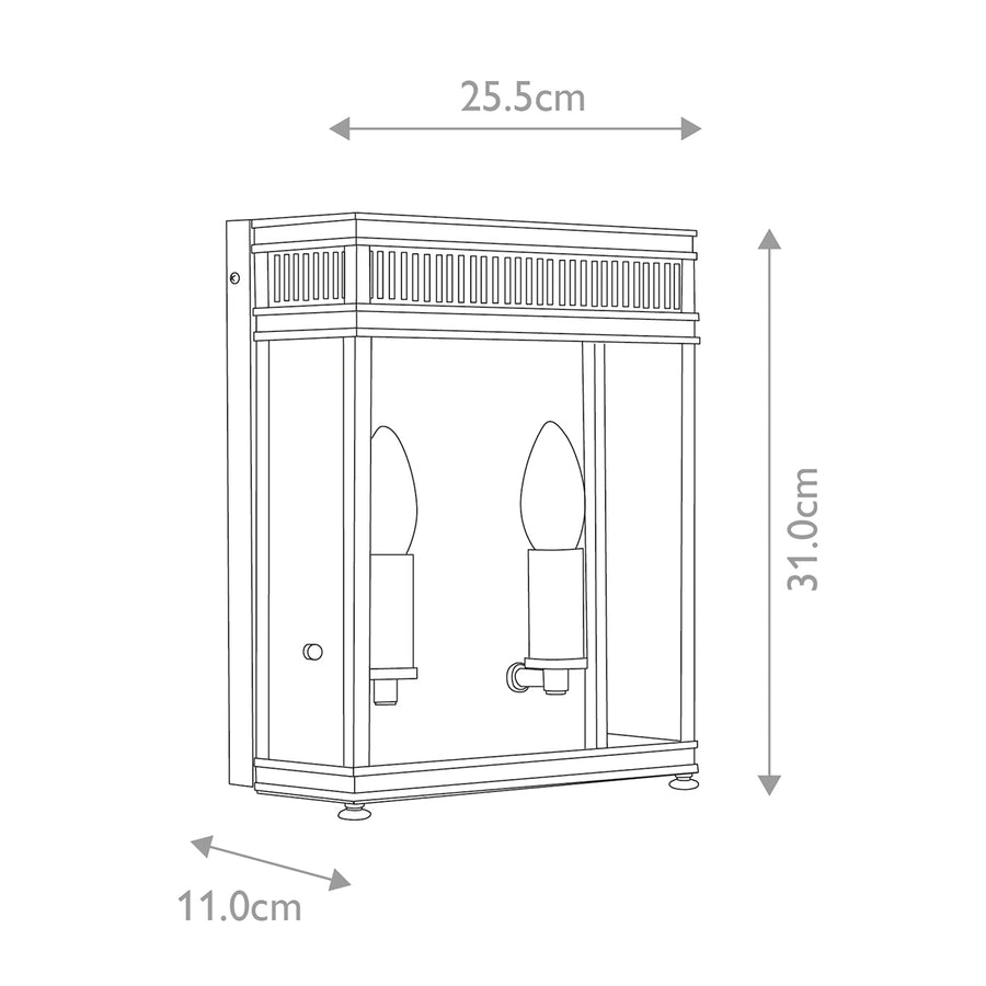 Schéma coté de l'applique : largeur 25,5 cm, hauteur 31 cm, profondeur 11 cm.