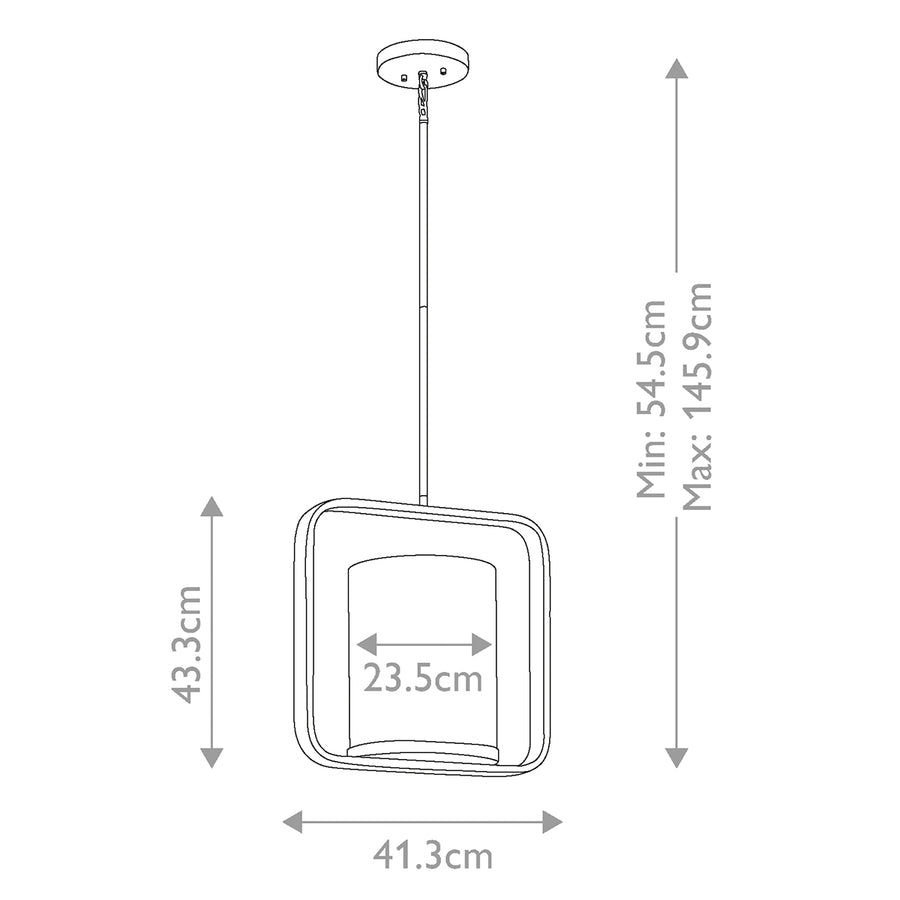 Schéma coté de la suspension avec hauteur minimale, maximale et largeur du cadre.