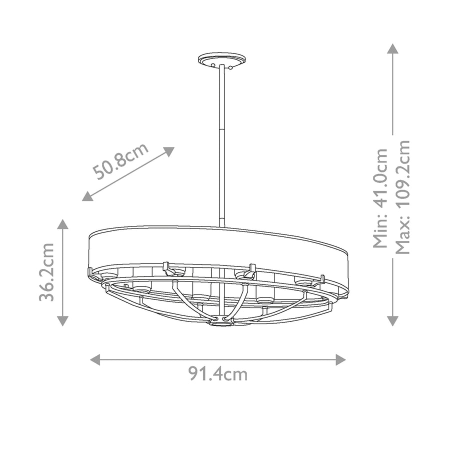 Schéma de dimensions du lustre avec largeur, hauteur et suspension.