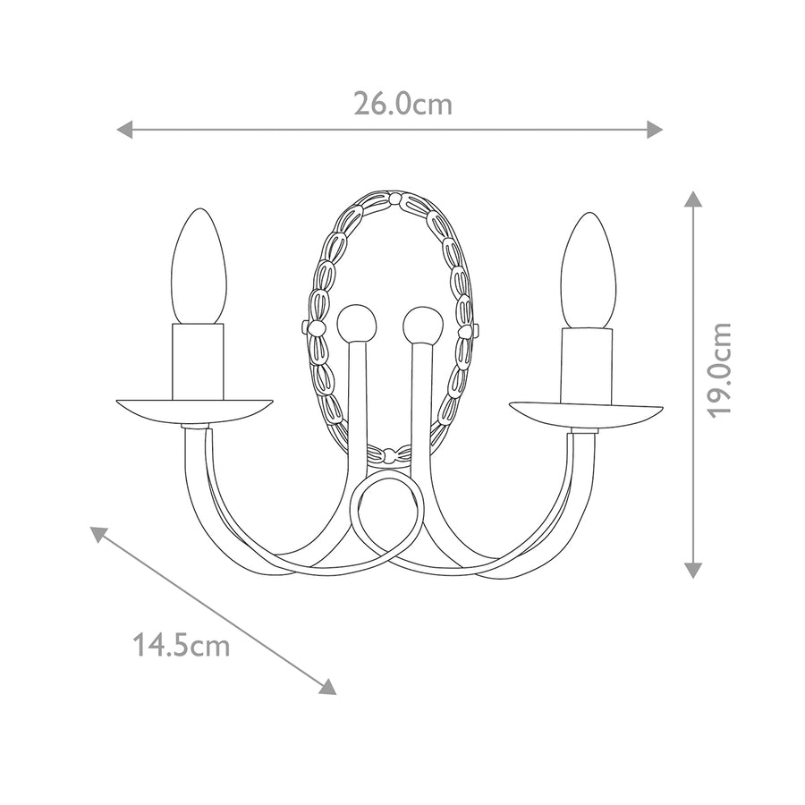 Schéma de dimensions de l'applique : largeur 26 cm, hauteur 19 cm, profondeur 14,5 cm.
