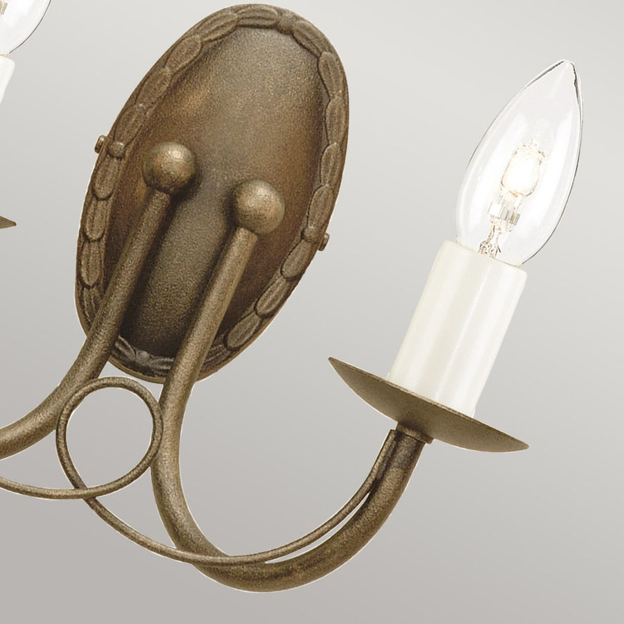 Détail rapproché d'un bras bouclé, platine ovale, ampoule transparente allumée et douille blanche.