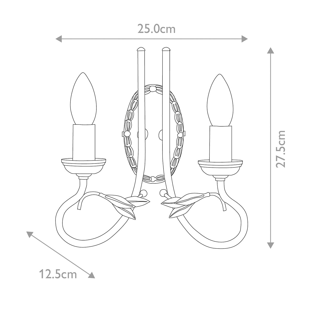 Schéma coté de l'applique murale avec dimensions 25 cm par 27,5 cm et profondeur 12,5 cm